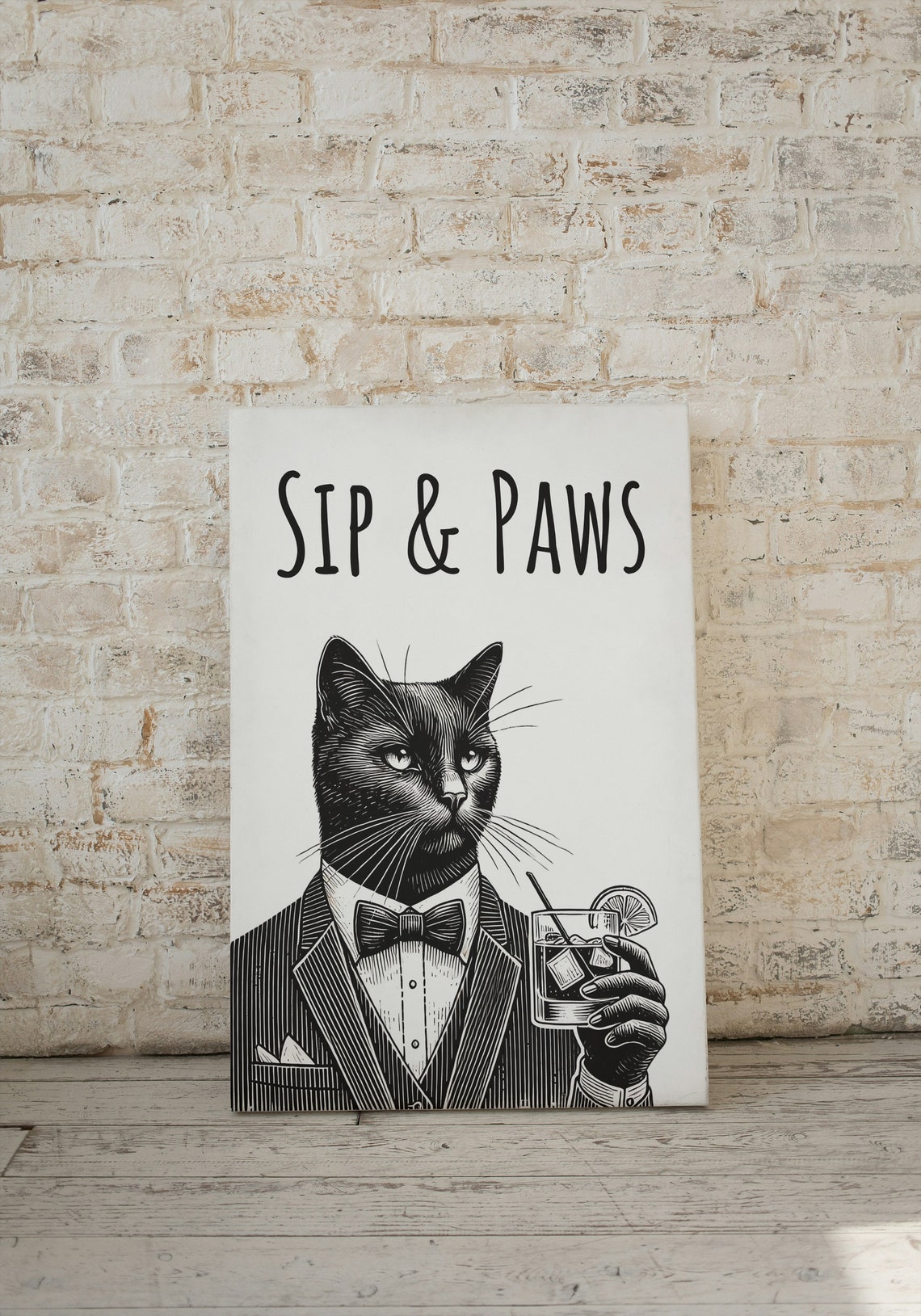 Sip and Paws Black Cat Tuxedo Cocktail Etching Style Funny Poster - Image 2