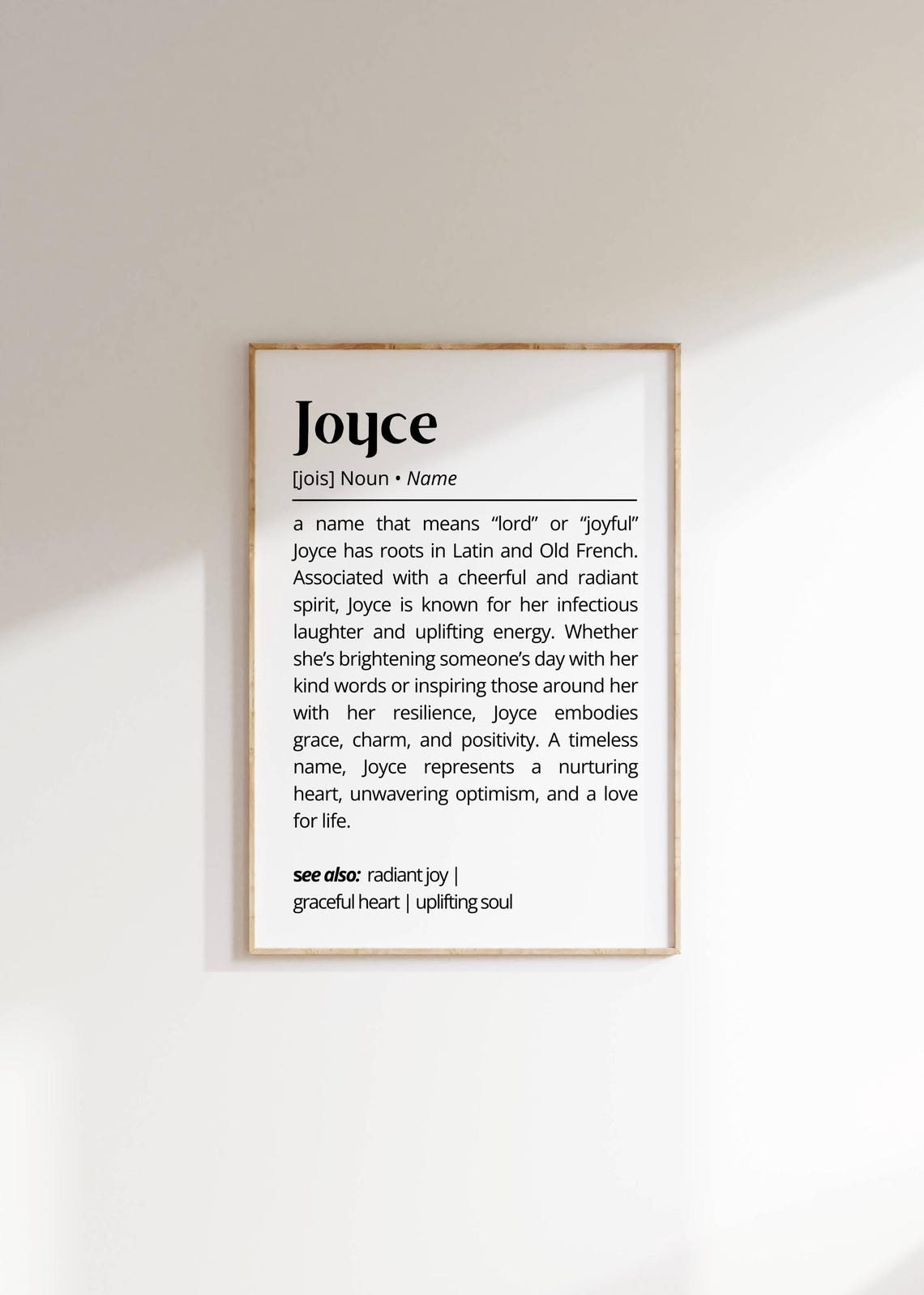 Joyce Name Definition Wall Art Personalized Name Gift Inspirational Unique Gift Idea Uplifting Home Name Poster Modern Typography