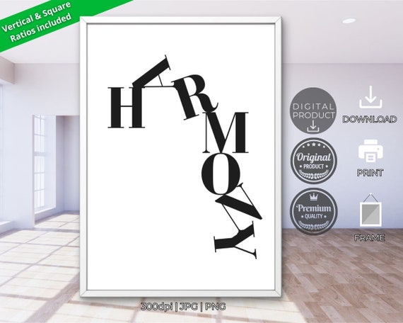 Harmony Wavy Typography Black White Minimalist Motivational Word Art Poster