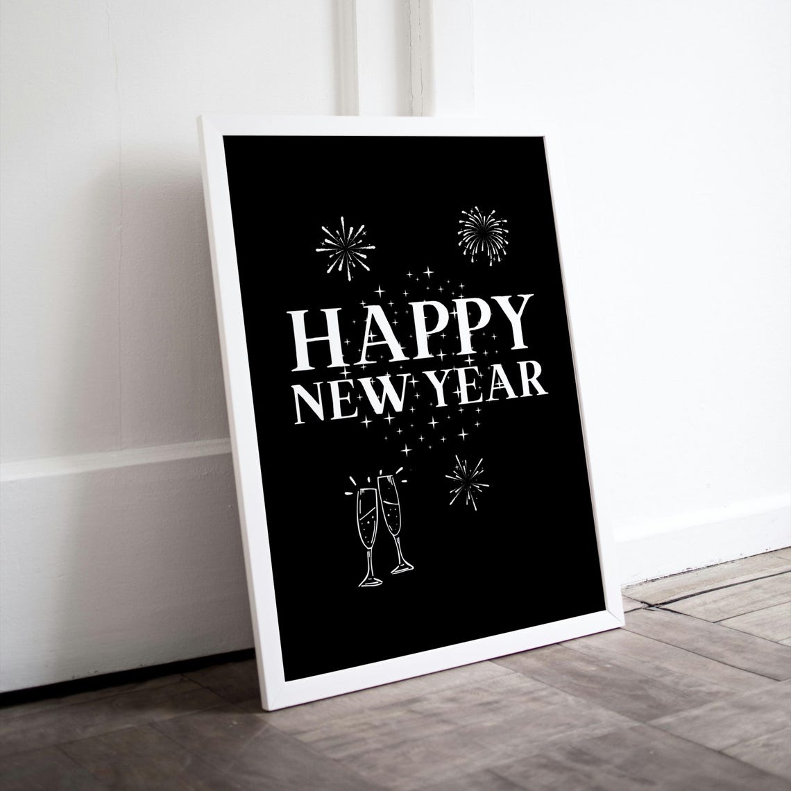 Happy New Year Champagne Fireworks Black White Modern Party Poster - Image 3