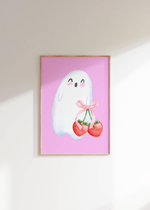 Adorable Ghost With Strawberries Wall Art Cute Halloween Decor Girly Ghost Art And Pink Bow Pastel Nursery Wallart Kids Room Decor