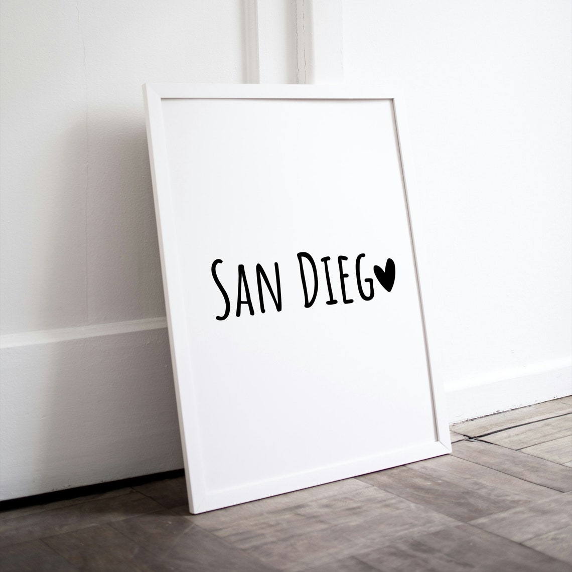 San Diego Heart Typography Minimalist Black White Coastal Love Poster