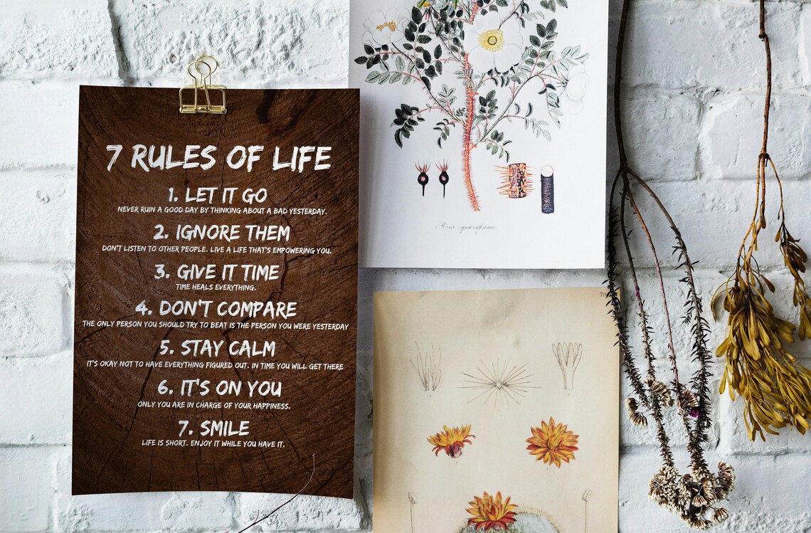 7 Rules of Life Brown Wood Background Inspirational Quote Poster - Image 2