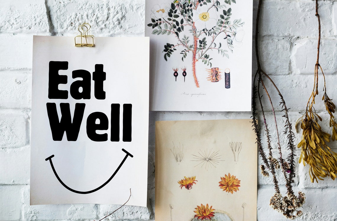 Eat Well Smiley Face Black And White Kitchen Quote Wall Poster - Image 3