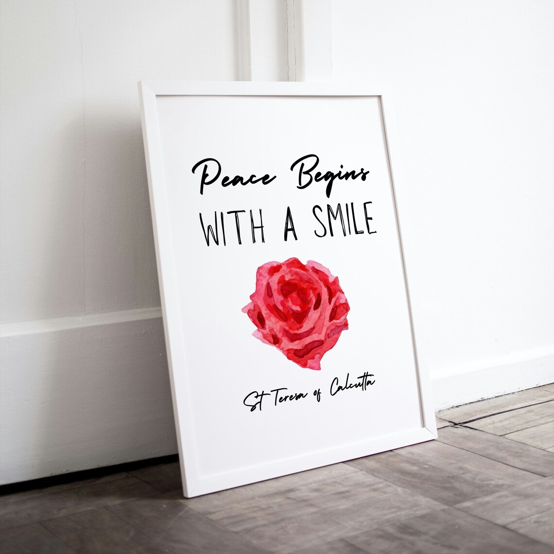Peace Begins With A Smile St Teresa Calcutta Quote Rose Watercolor Poster
