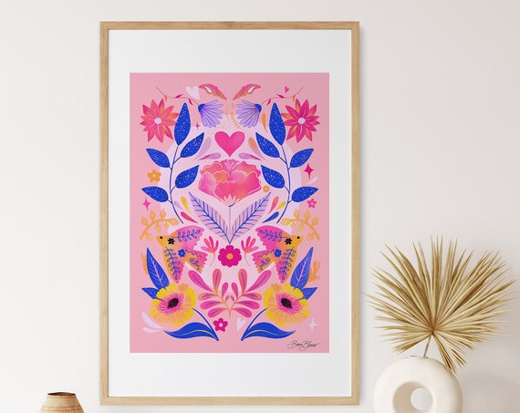 Pink Floral Boho Art Print, Folk-Inspired Florals