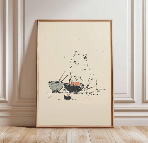 Sushi Cat Poster Japanese Food Art Minimalist Wall Cute Animal Print Whimsical Kitchen Decor Ramen Bowl Illustration