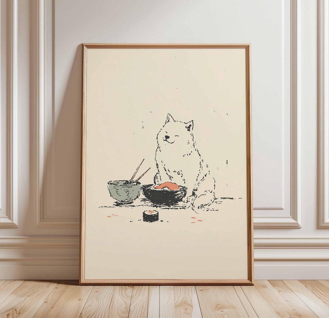 Sushi Cat Minimalist Japanese Ink Drawing Cute Kitchen Poster