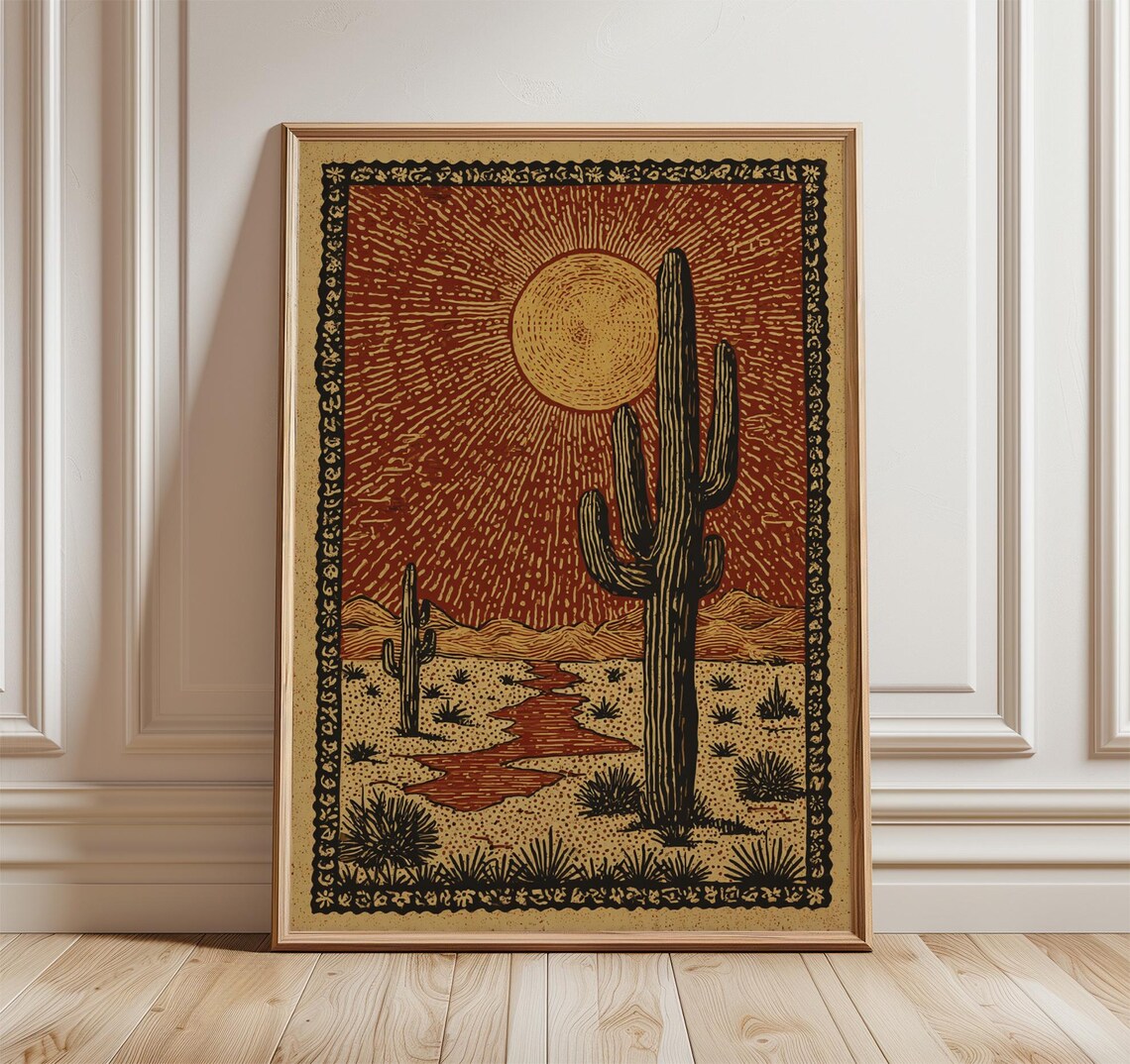 Desert Cactus Sun Poster, Rustic Southwest Folk Art
