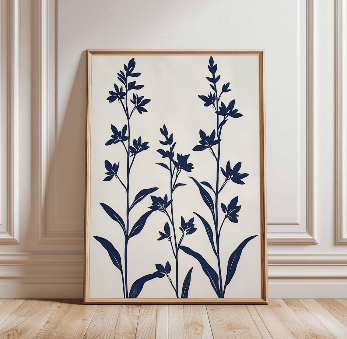 Navy Blue Botanical Wildflower Stems Minimalist Floral Wall Art