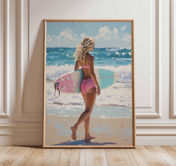 Surfer Girl With Pink Surfboard Ocean Painting Summer Beach Poster