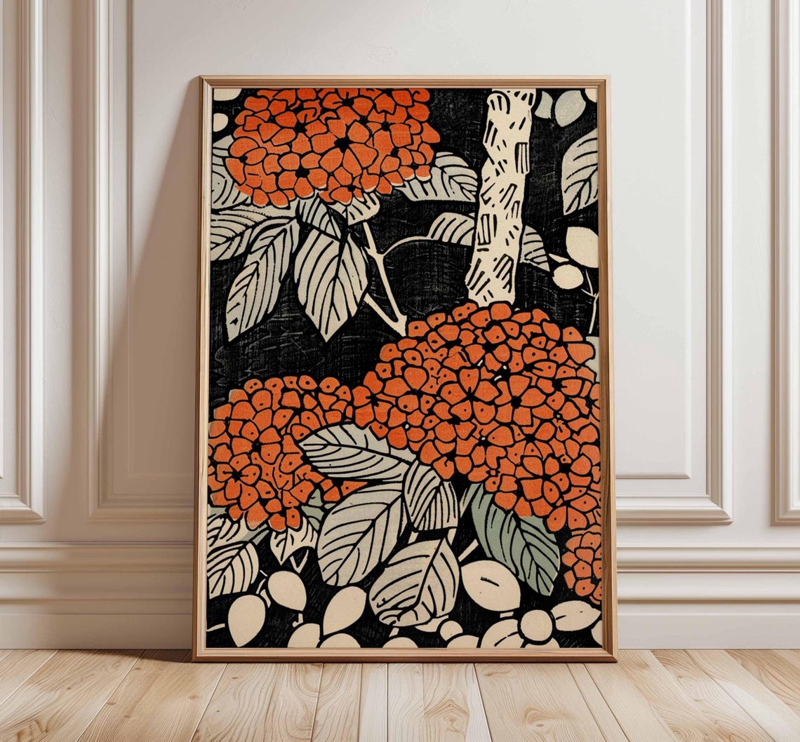Red Hydrangea Blossoms Cream Leaves Japanese Woodblock Floral Poster