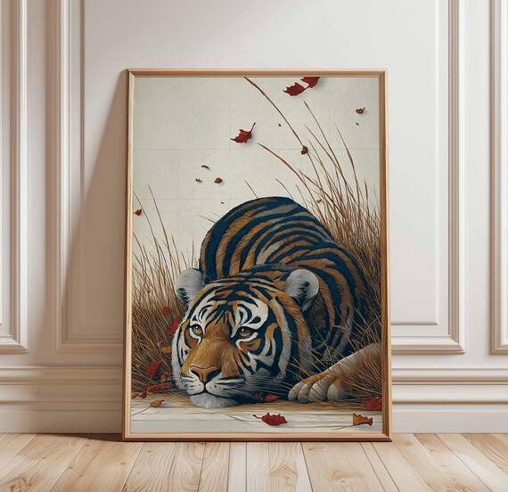 Bengal Tiger Resting In Autumn Grass With Falling Red Leaves Poster