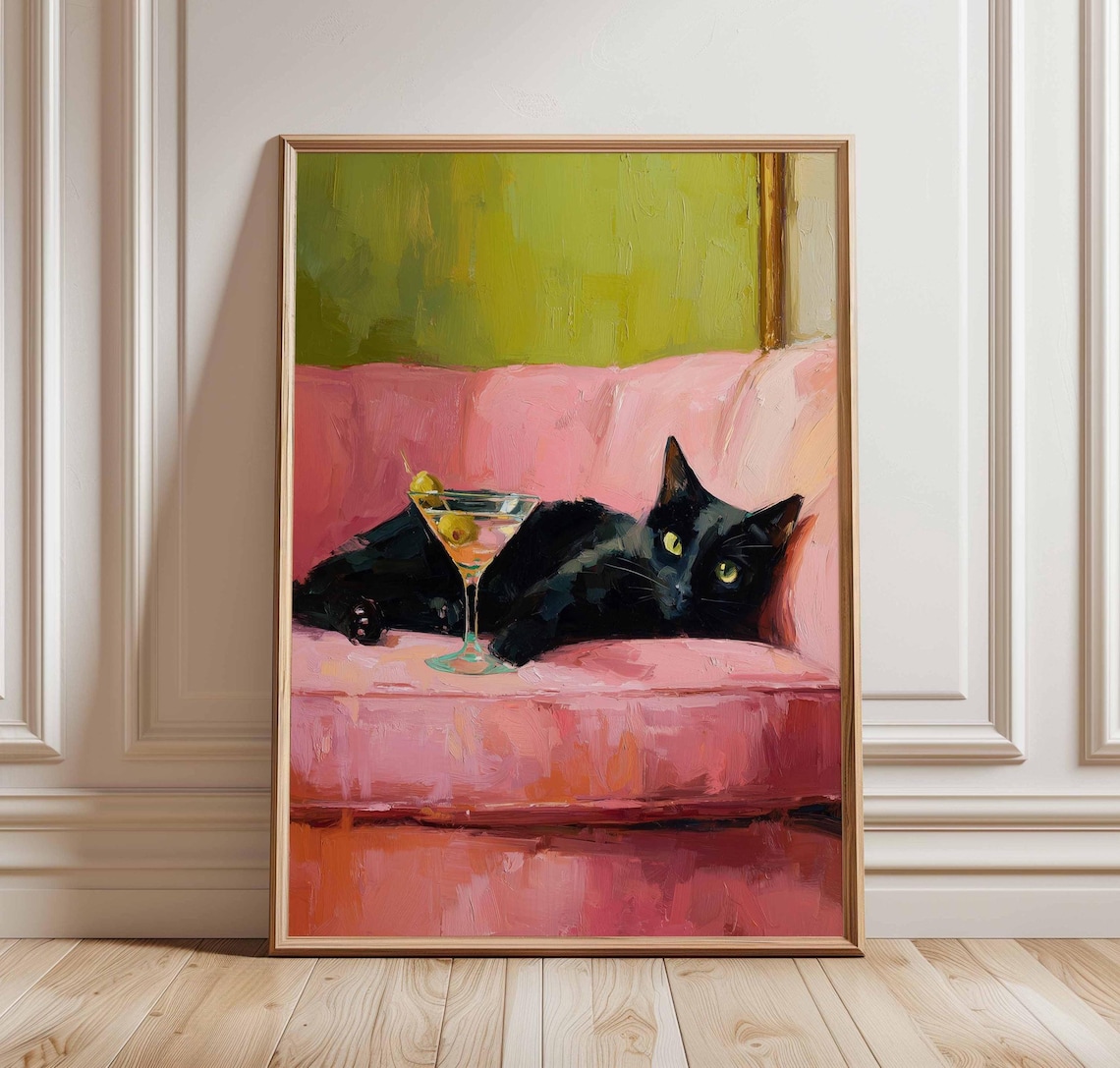 Black Cat Poster, Retro Oil-Painting-Style Print