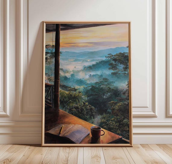 Tropical Jungle View Poster Sunrise Landscape Wall Art Print Coffee And Journal Painting Tranquil Forest Morning Decor