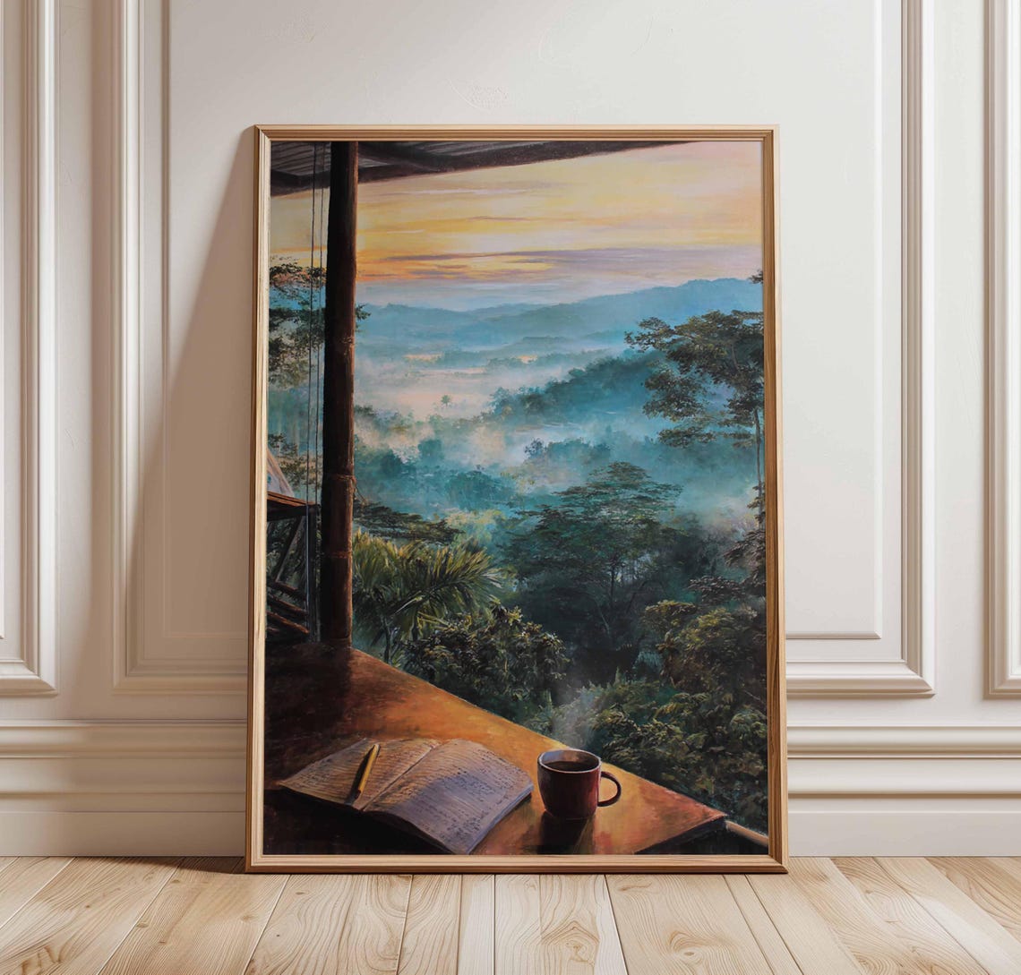 Jungle Sunrise Balcony View Coffee Journal Morning Painting Print
