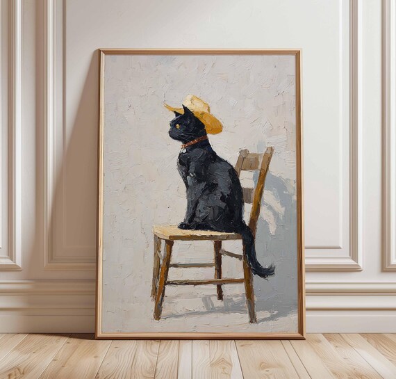 Black Cat In Straw Hat Sitting On Rustic Wooden Chair Poster