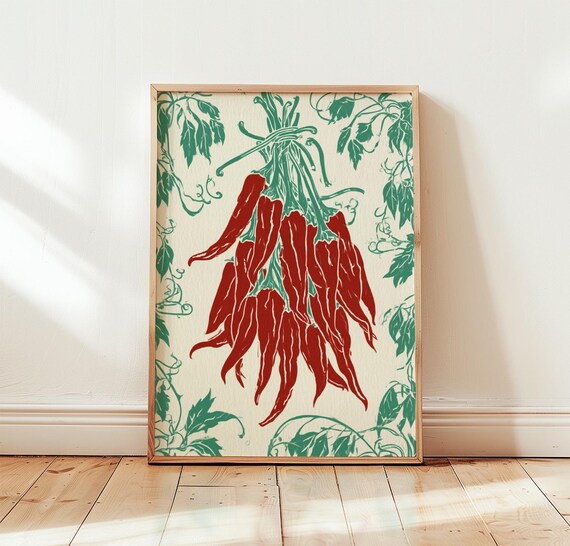 Red Chili Pepper Bundle Hanging Ristras Green Vine Kitchen Art Poster