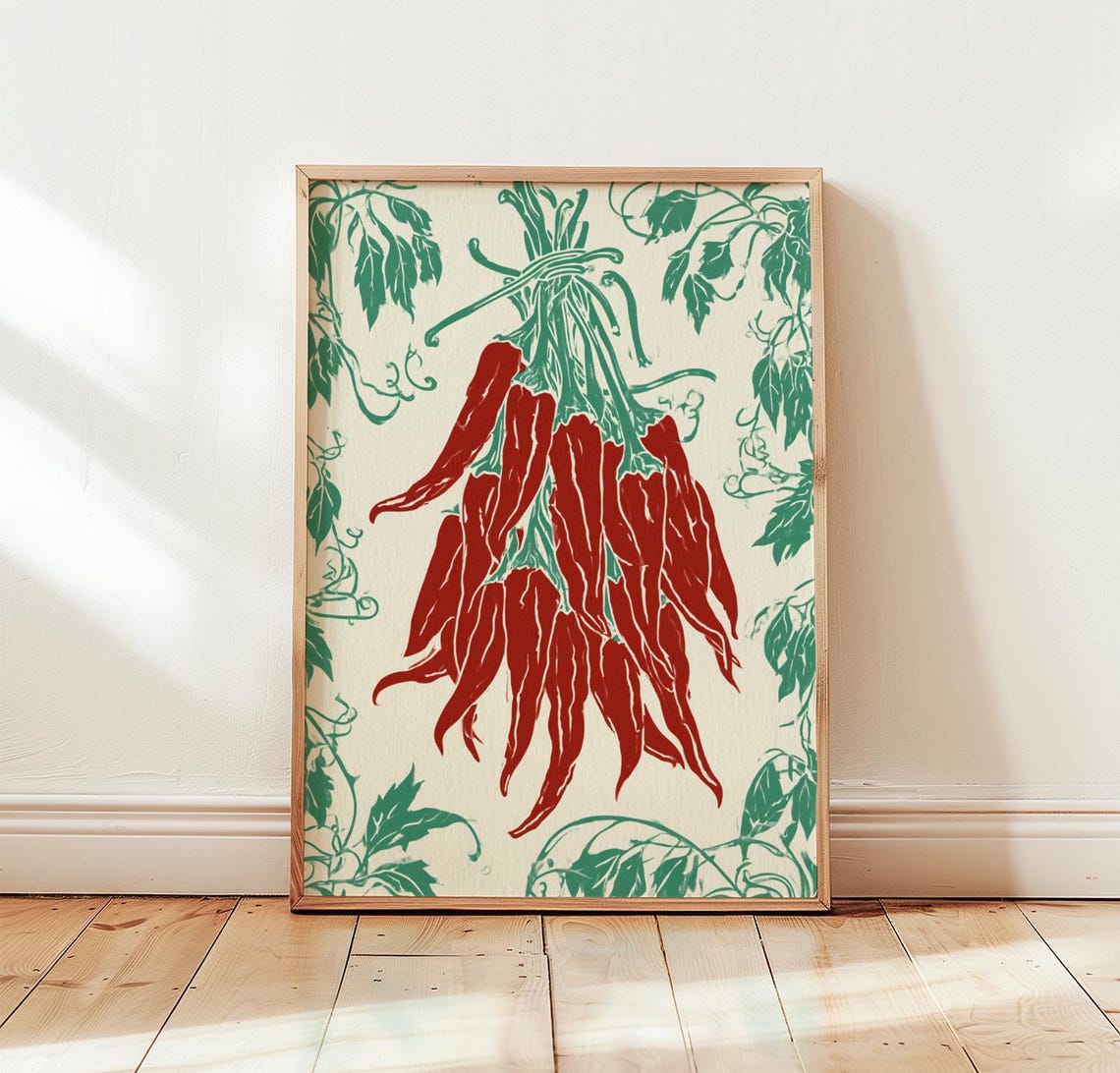 Red Chilli Print Green Botanical Wall Art Screen Poster
