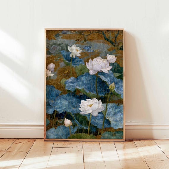 White Wall Art Japanese Botanical Pond Poster Blue And Gold Floral Print Zen Nature Decor Unframed Oriental Artwork