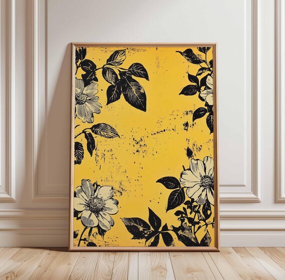 Floral Black And Yellow Poster Bold Flower Art Vintage Print Modern Wall Decor Graphic Design