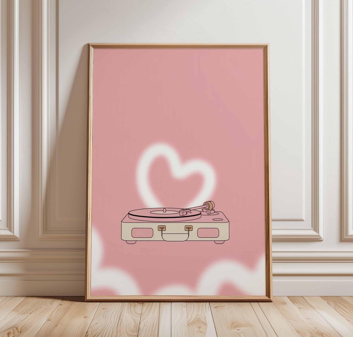 Pink Retro Suitcase Turntable Glowing Heart Vinyl Record Player Poster
