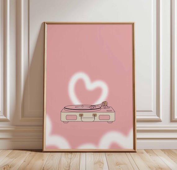 Retro Turntable Poster Cute Record Player Wall Art Pink Room Decor Heart Music Print Vintage Vinyl Illustration