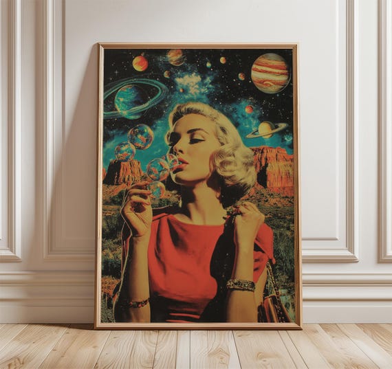 Retro Space Art Poster Vintage Surreal Collage Print Cosmic Pop Wall Decor