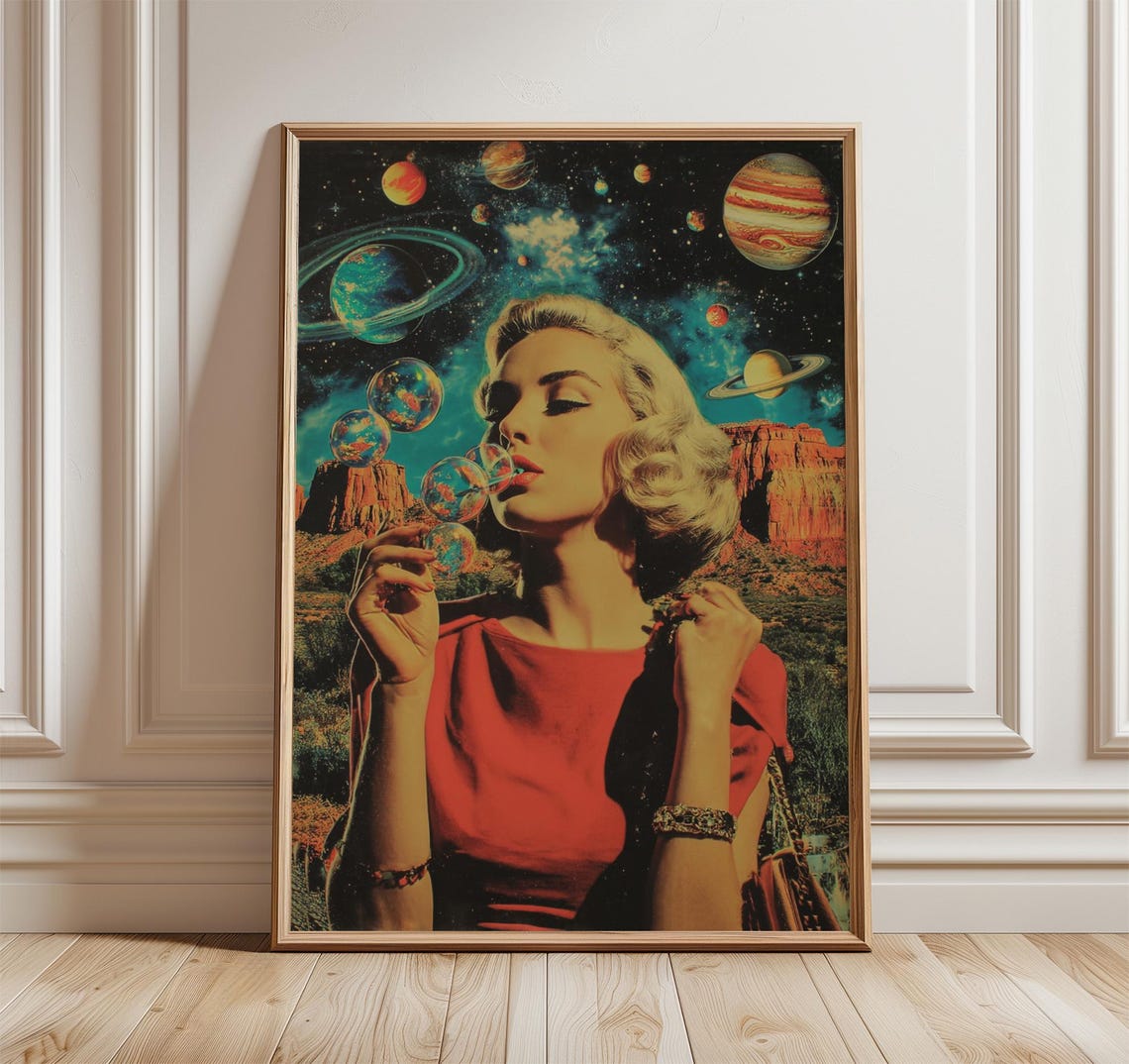 Retro Space Collage Woman Blowing Planet Bubbles Cosmic Poster