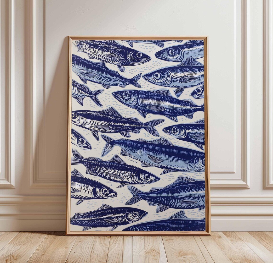 Blue Sardines Fish Art Print, Nautical Kitchen Decor