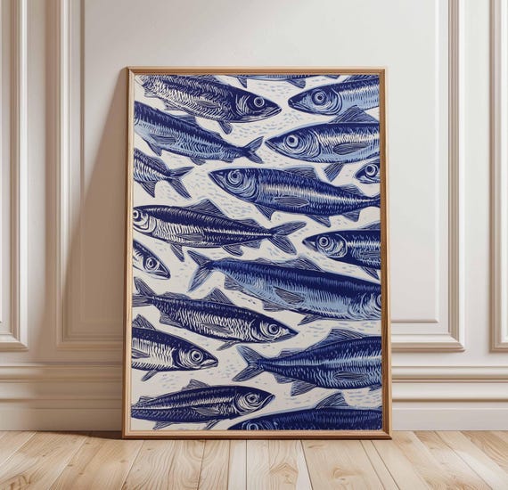 Blue Sardines Fish Art Print, Nautical Kitchen Decor