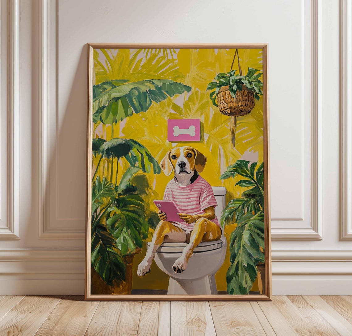 Funny Beagle On Toilet Scrolling Pink Phone Bathroom Art Poster