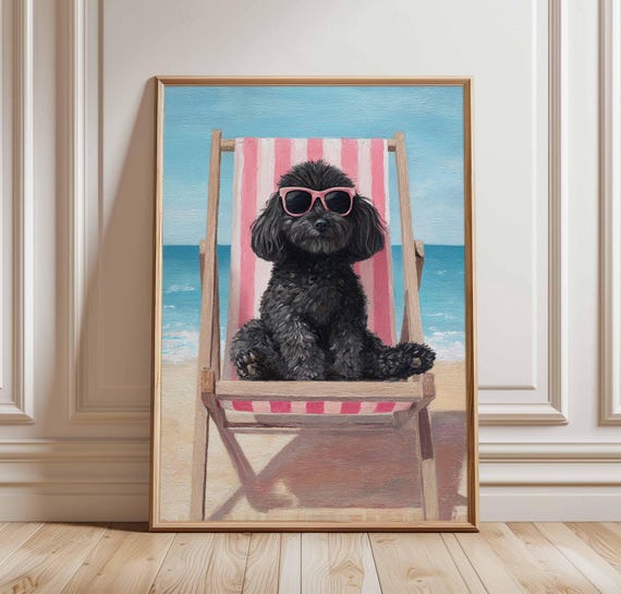Beach Dog Wall Art Print Funny Poodle Poster With Sunglasses Summer Vacation Decor Cute In Deck Chair Coastal Animal Artwork