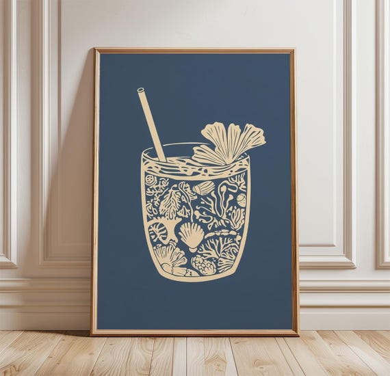 Tropical Drink Poster Coastal Cocktail Wall Art Minimal Beach Bar Illustration Print