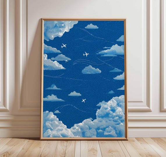 Airplane Sky and Clouds Travel Poster, Modern