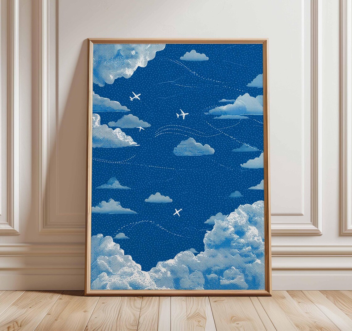 Airplane Sky and Clouds Travel Poster, Modern