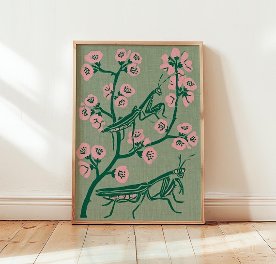 Pink Mantis on Blossom Stems Japanese Woodblock Style on Sage Green Art Poster