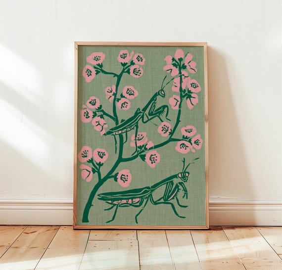 Pink Mantis Print Sage Botanical Wall Art Screen Poster