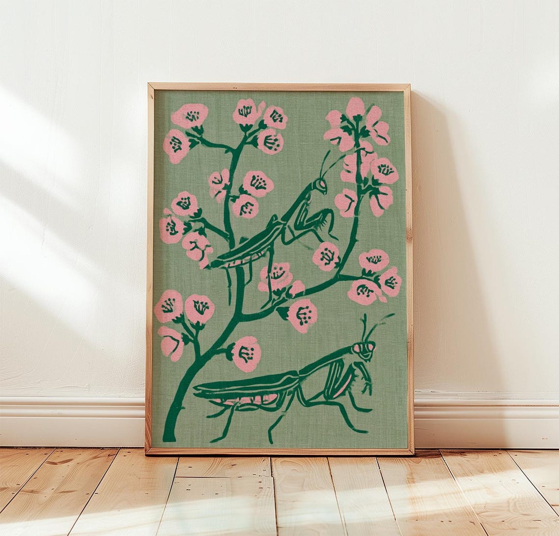 Pink Mantis Print Sage Botanical Wall Art Screen Poster