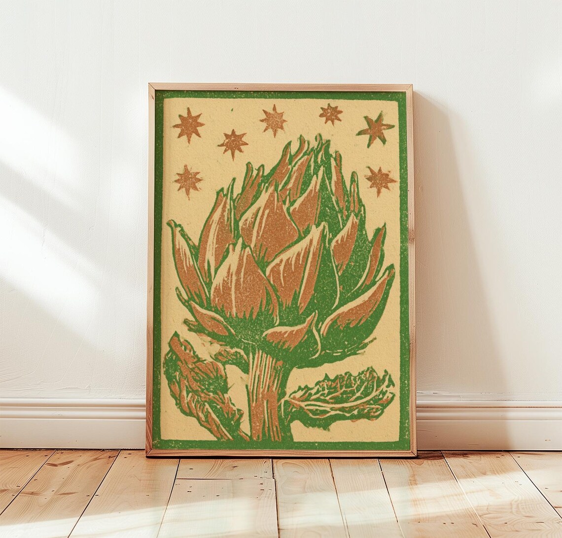 Artichoke Botanical Linocut Vintage Kitchen Art Print