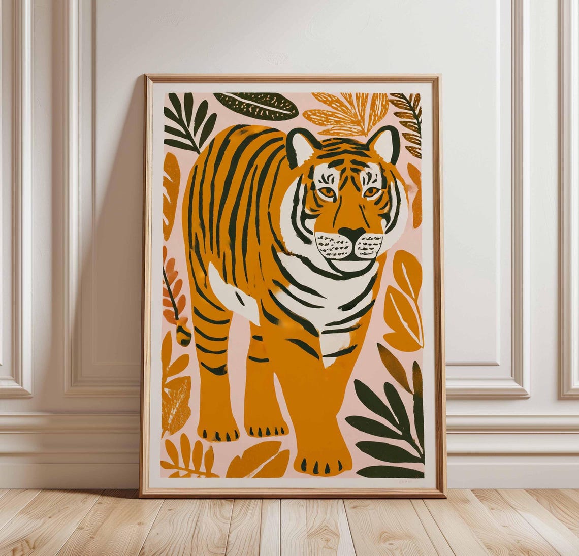 Orange Tiger Tropical Leaves Mid Century Modern Jungle Poster