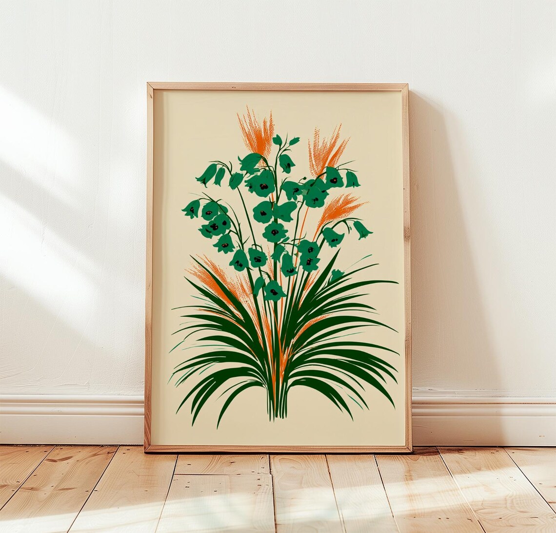 Bluebell Flowers Poster Scandinavian Folk Green Orange Botanical Room Art
