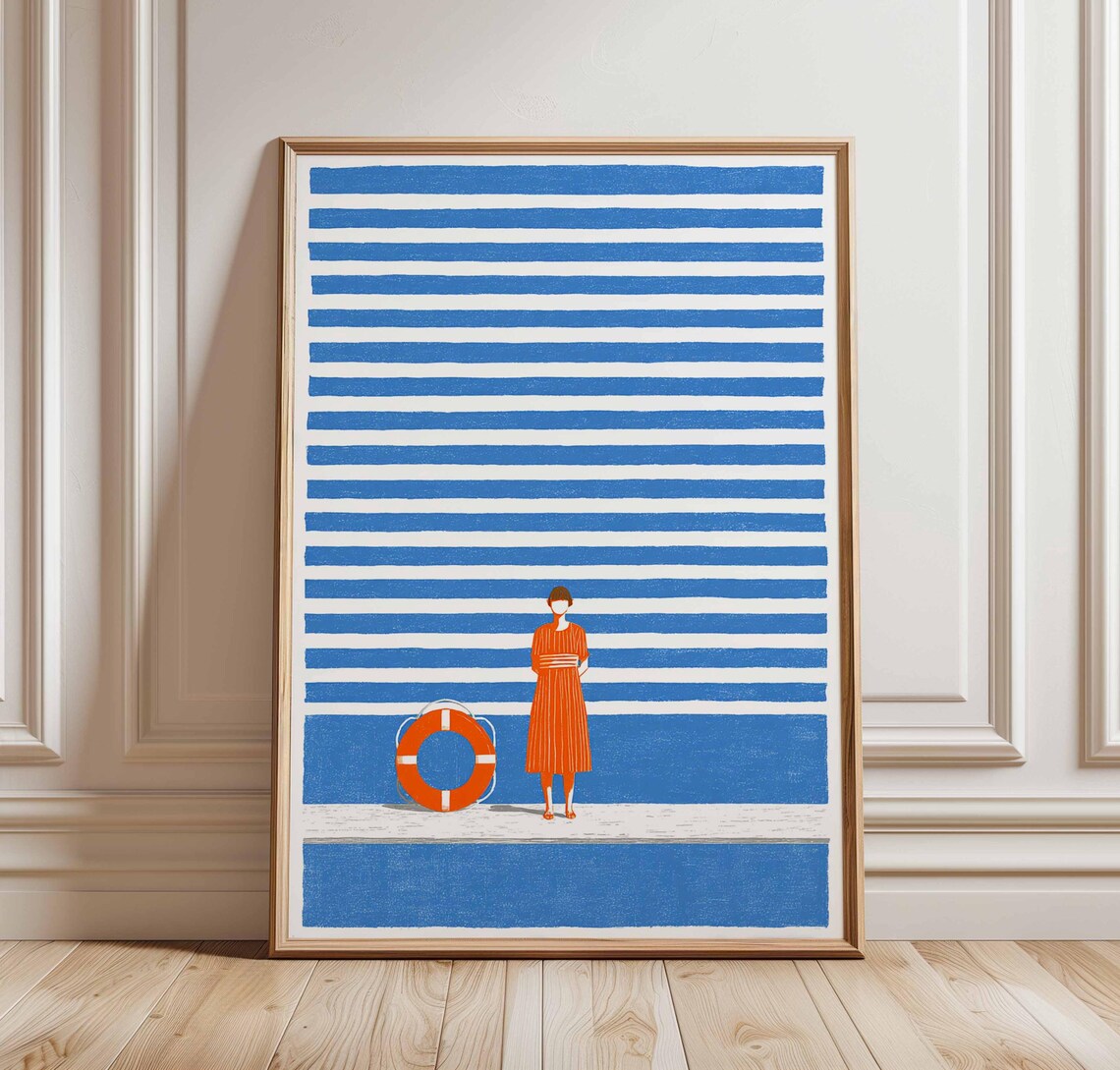 Blue Beach Stripes Woman With Life Ring Minimalist Art Poster