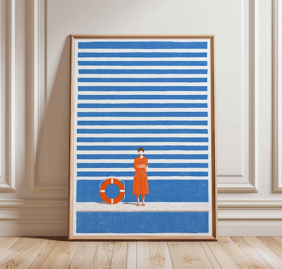Beach Stripes Poster Print Minimalist Coastal Wall Art Modern Summer Illustration Blue Orange Nautical Decor Bold Graphic Artwork