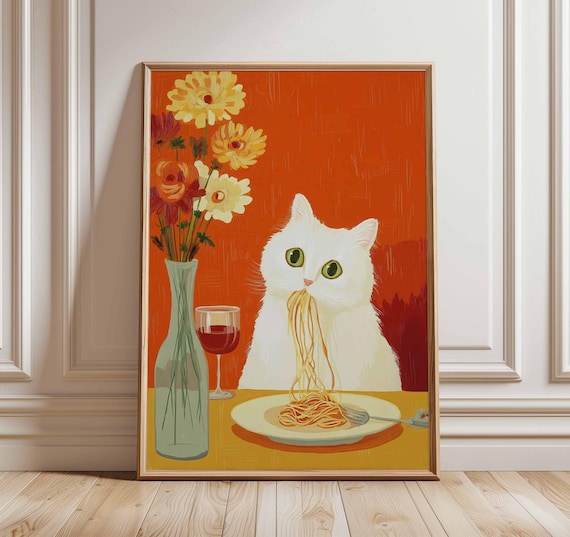 Cat Eating Spaghetti Funny Whimsical White Kitchen Wall Poster