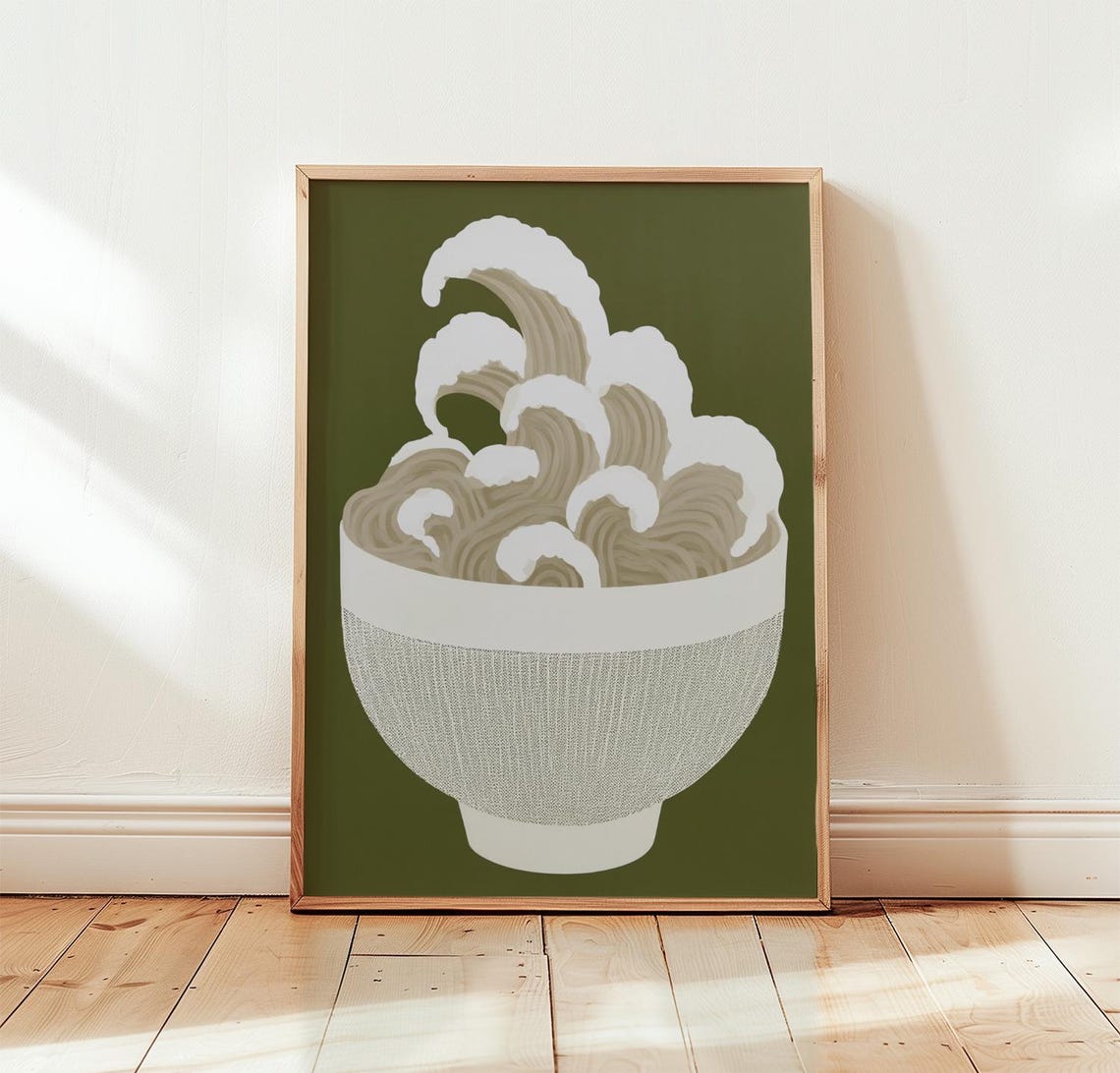 Noodle Ramen Bowl Minimal Japanese Food Art Green Kitchen Poster