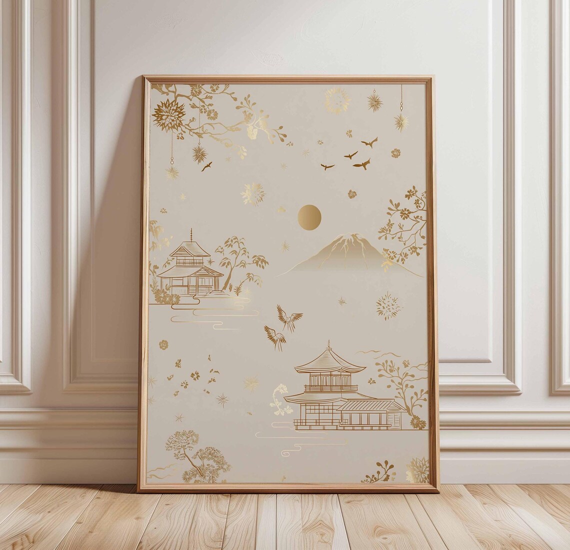 Elegant Gold Line Art Japanese Pagoda Mount Fuji Minimalist Poster
