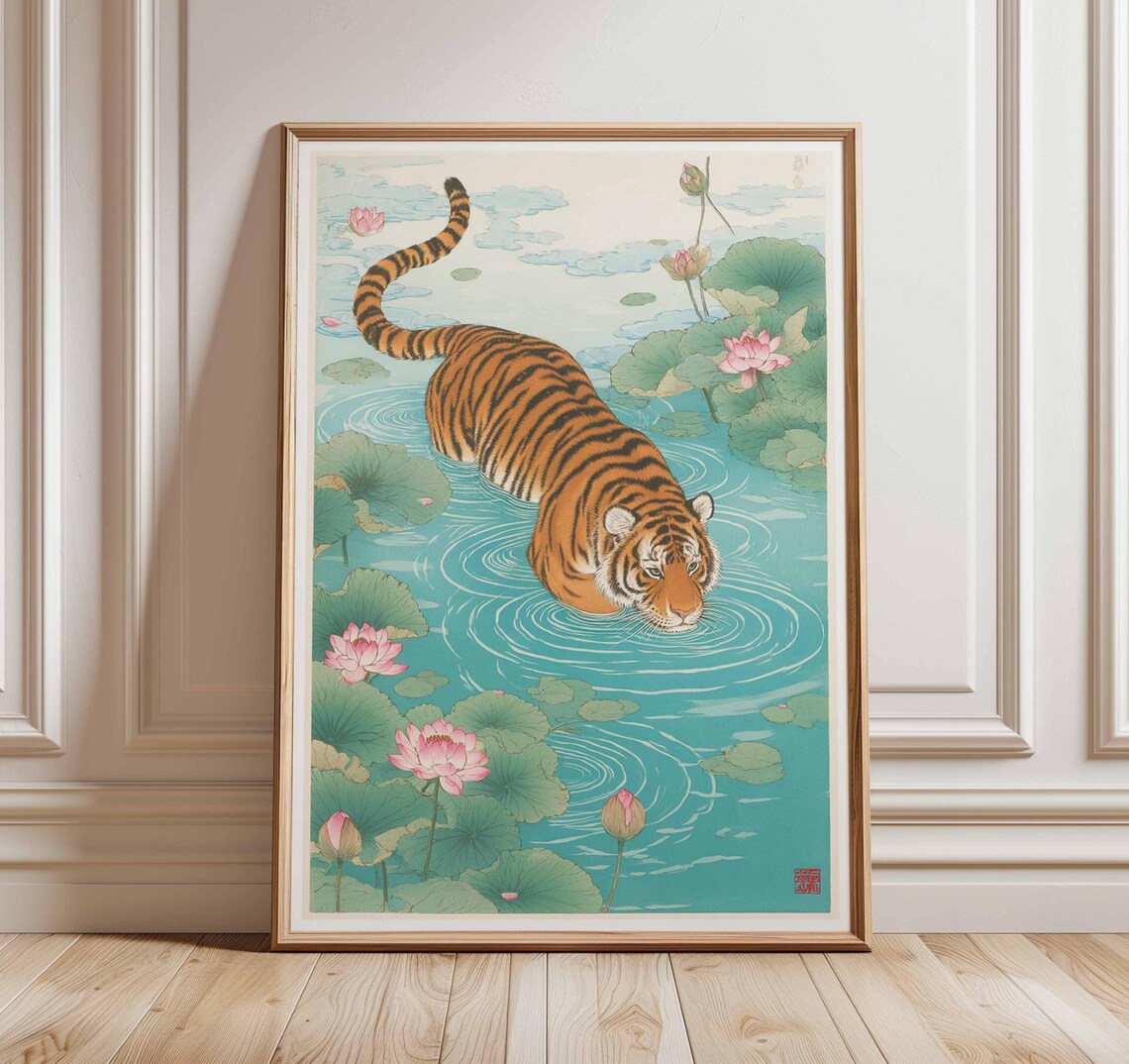Tiger Japanese Style Art Print, Lotus Pond Poster