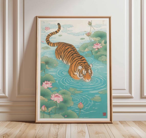 Tiger Japanese Style Art Print, Lotus Pond Poster