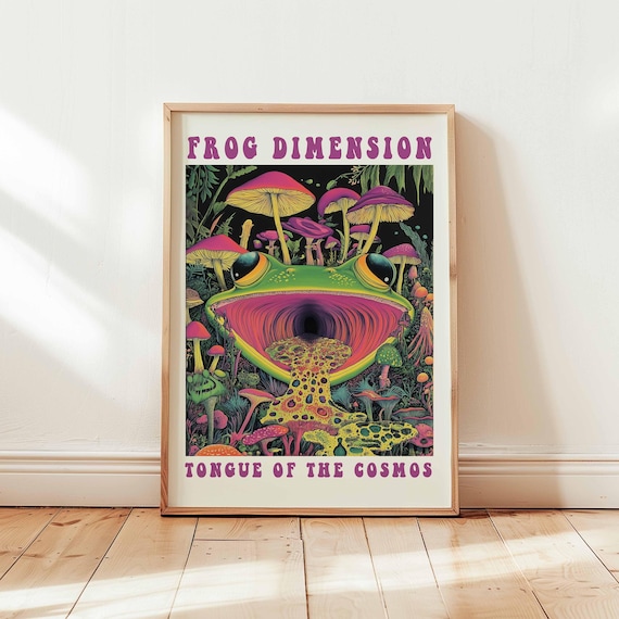 Psychedelic Frog Poster, Trippy Mushroom Cosmic Art